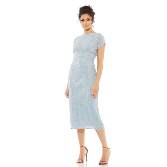 Mac Duggal Dresses & Skirts - Mac Duggal Beaded Empire Waist Column Midi Cocktail Dress in Slate Blue- NWT
